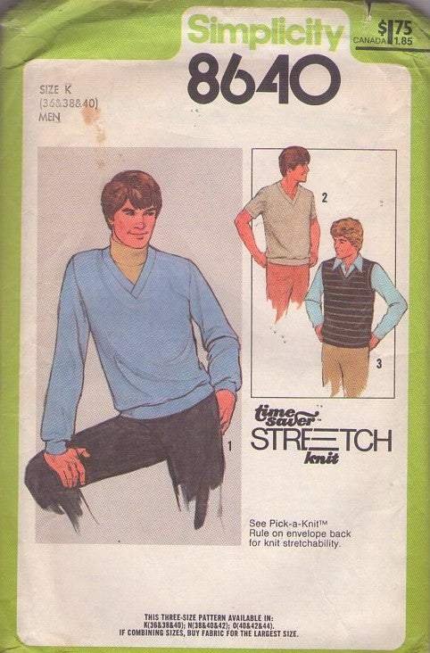 Simplicity 8640 Vintage 70's Sewing Pattern Mens' Knit Top, Sweater Shirt, V Neck Vest, 3 Pullover Styles Size 36-40 M