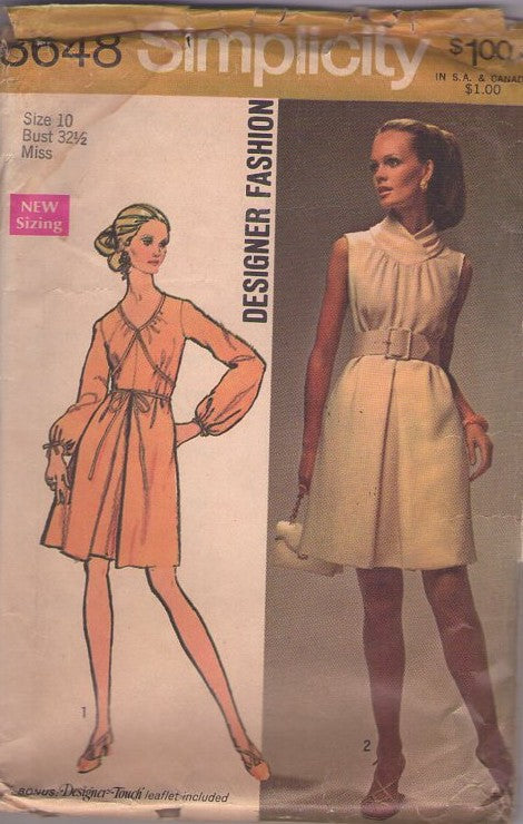 Simplicity 8648 Vintage 60's Sewing Pattern Mod Dress Set, Designer Fashion, Goddess Vibes, Twiggy, Shirred or Wrap Cowl Collar Inverted Front Pleat Party Dress 2 Styles Size 10