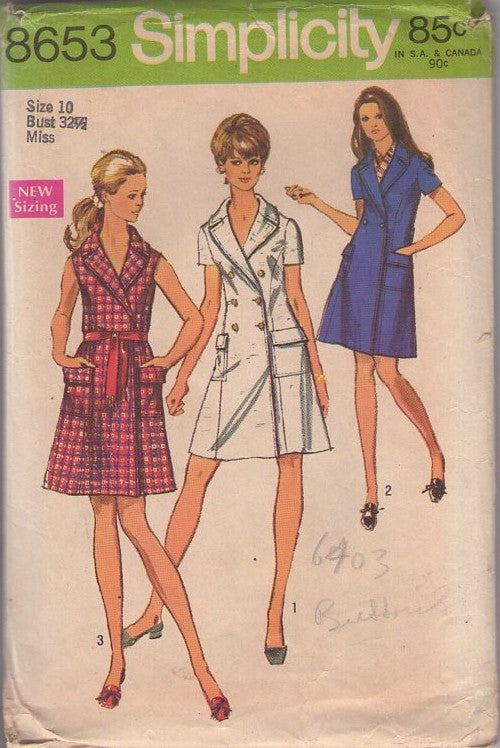 Simplicity 8653 Vintage 60's Sewing Pattern Twiggy Dress, Mod Double Breasted Stitched Dress, Secretary, Flap Pockets, 3 Styles Size 10