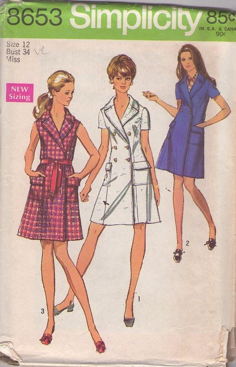 Simplicity 8653 Vintage 60's Sewing Pattern Twiggy Dress, Mod Double Breasted Stitched Dress, Secretary, Flap Pockets, 3 Styles Size 12