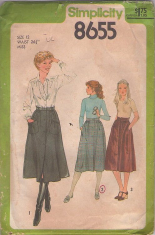 Simplicity 8655 Vintage 70's Sewing Pattern Modest Skirt, Front Buttons, Pockets, 3 Styles Size 12