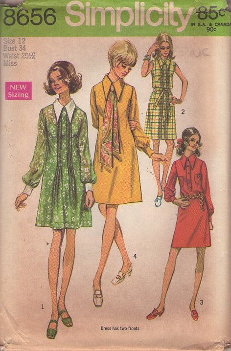 Simplicity 8656 Vintage 60's Sewing Pattern Laugh In Dress, Goldie Hawn Mod, LONG Pointed Collar Pin Pleats or Button Band Shirtdress, 2 Front, 4 Styles Day Dress Size 12