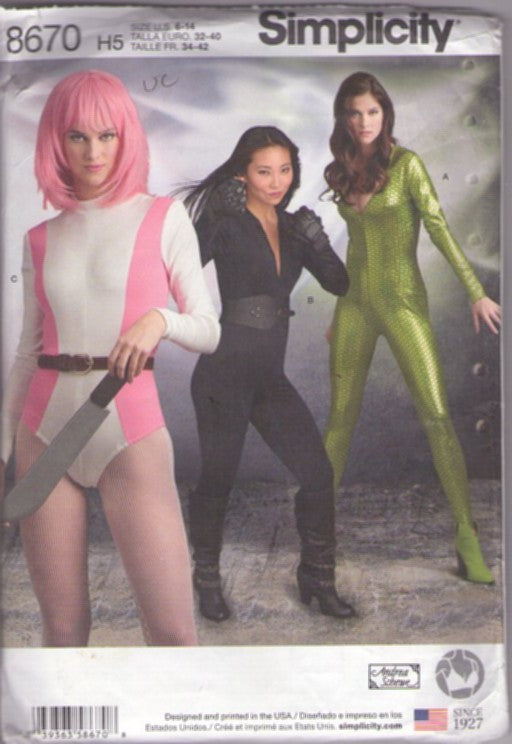 Simplicity 8670 Retro 2018 Sewing Pattern Cosplay Costumes, Fifth Element Costume, Multipass LeeLoo Cosplay Leotard, Long Catsuit, Jumpsuit 3 Styles Size 6-14