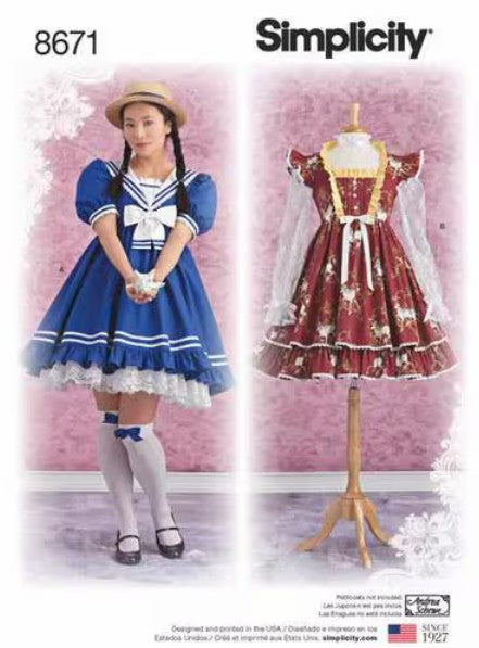 Simplicity 8671 Retro 2018 Sewing Pattern Babydoll Dresses, Sailor Moon, Andrea Schewe Designs, Harajuku Lolita Cosplay Dress, Pinafore, Petticoats Size 4-12