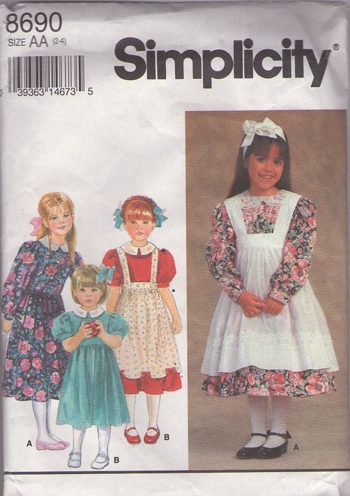 Simplicity 8690 Retro 90's Sewing Pattern Girl's Dress, Pinafore, Cottagecore  Alice In Wonderland Style Modest Garden Party Formal Dress, Strappy Pinafore Apron Overdress Size 2-4