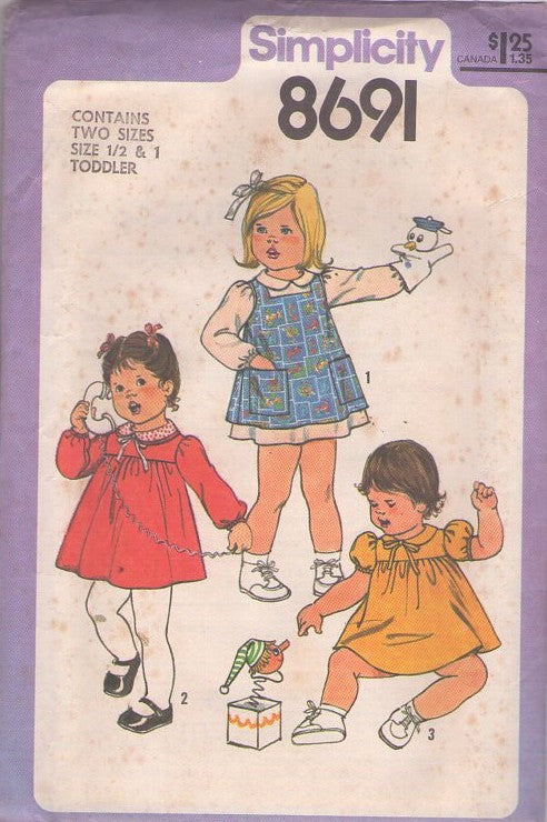 Simplicity 8691 Vintage 70's Sewing Pattern Girl's Dresses, Collared Short Flared Dress, Pinafore Apron Jumper Cover Up Size 1/2-1