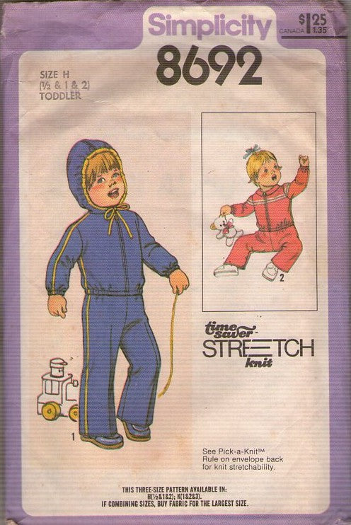 Simplicity 8692 Vintage 70's Sewing Pattern Toddler Boy's & Girl's Jogging Suit, Jacket, Pants, Snaps Size 1/2-2