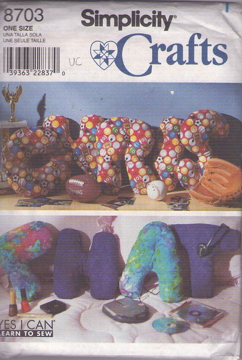 Simplicity 8703 Vintage 90's Sewing Pattern Puffy Alphabet Pillows, Dorm, Kid Room, Beginners Letters One Size