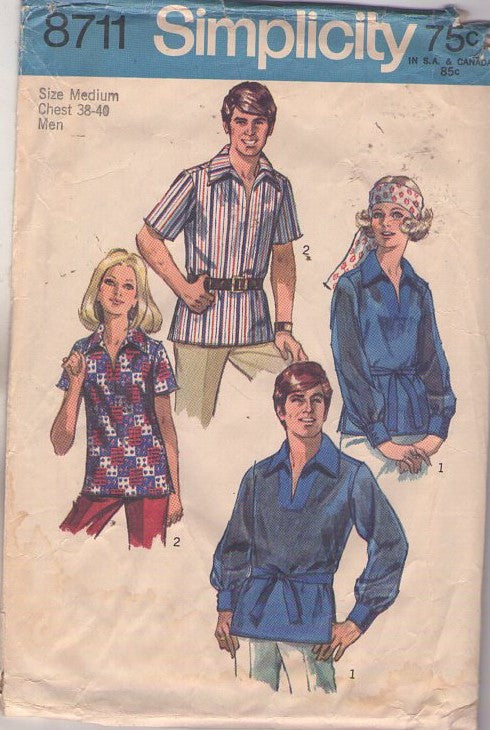 Simplicity 8711 Vintage 70's Sewing Pattern Hippie Shirts, Dashiki Style Pullover Shirt & Tie Belt Size M