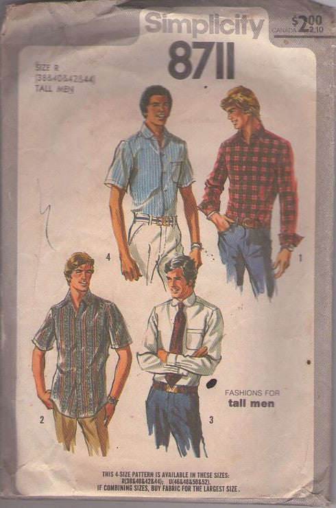 Simplicity 8711 Vintage 70's Sewing Pattern Men's Shirts, Western Casual or Collared Dress Shirt Set for TALL Men Size 38-40 L