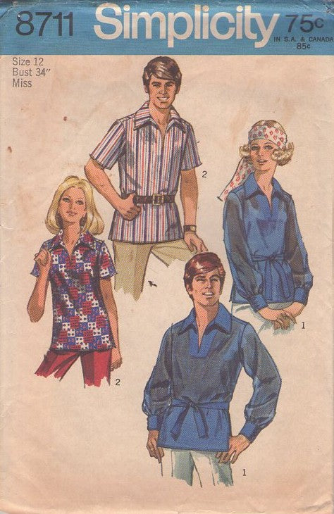Simplicity 8711 Vintage 70's Sewing Pattern Hippie Shirts, Dashiki Style Pullover Shirt & Tie Belt Size 12 CUT
