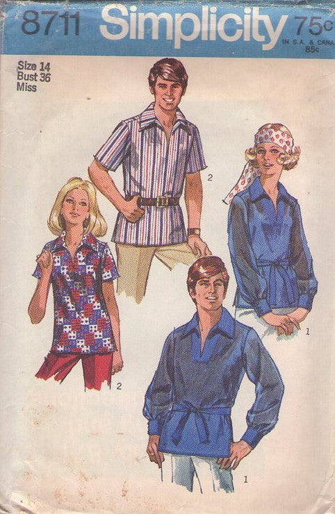Simplicity 8711 Vintage 70's Sewing Pattern Hippie Shirts, Dashiki Style Pullover Shirt & Tie Belt Size 14 CUT
