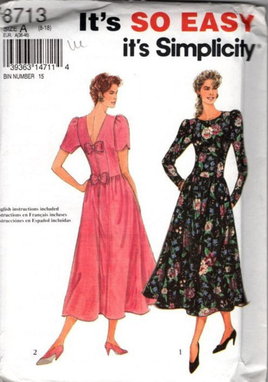 Simplicity 8713 Vintage 90's Sewing Pattern It's So Easy V Back Cocktail Dress, Modest Formal Party Styles Size 8-18
