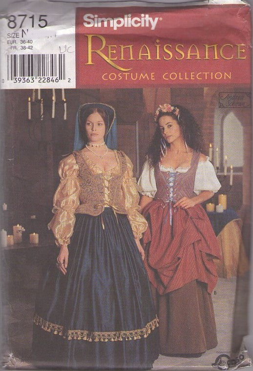 Simplicity 8715 Retro Sewing Pattern Cosplay Costumes, LARP SCA Noble or Wench Blouse, Skirt, Corset, Veil, Headpieces Game of Thrones 4-8