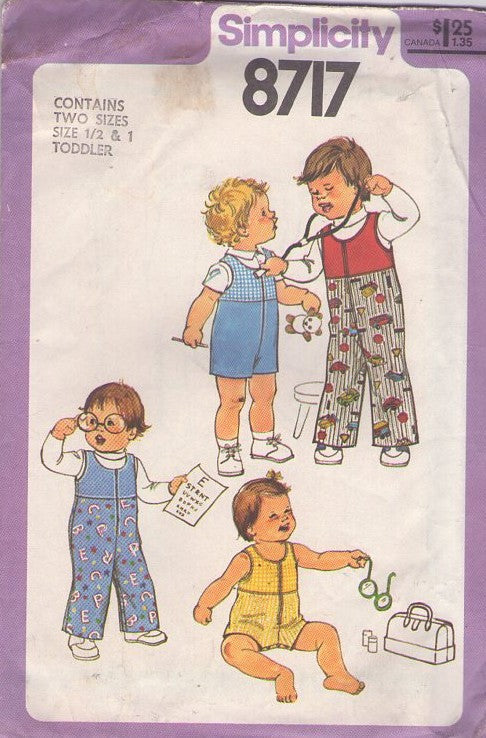 Simplicity 8717 Vintage 70's Sewing Pattern Boys' & Girl's Playsuits, High Waisted Front Zipper Overalls, Playsuit, Romper Size 1/2-1