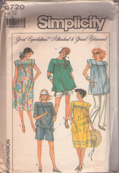 Simplicity 8720 Vintage 80's Sewing Pattern Casual Separates, Great Expectations Full Figure Flared Tent Top Blouse, Cap Sleeve Top, House Dress, Summer Shorts, Pants Size 12