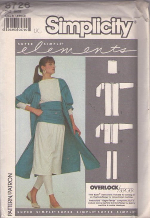 Simplicity 8726 Vintage 80's Sewing Pattern New Wave Duster Coat, Jacket, Tubular Accessories MUST SEE One Size