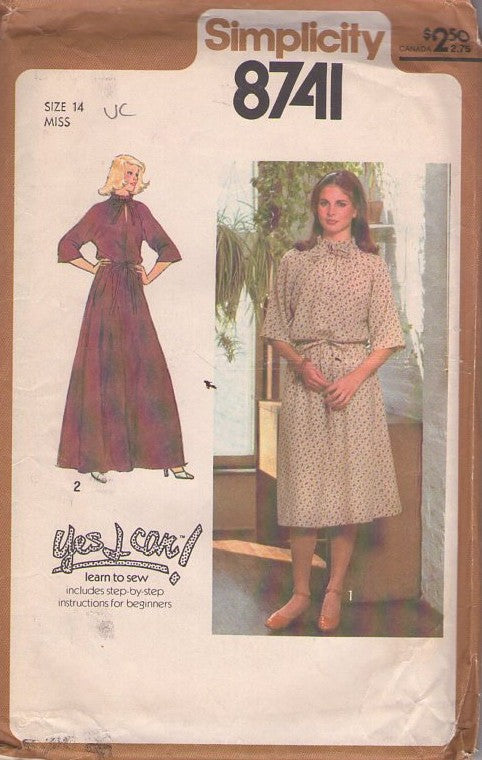 Simplicity 8741 Vintage 70's Sewing Pattern Dress Set, Yes I Can Learn to Sew Ruffle & Tie Neck Secretary Dress, Flowing Evening Hostess Maxi Gown Size 14