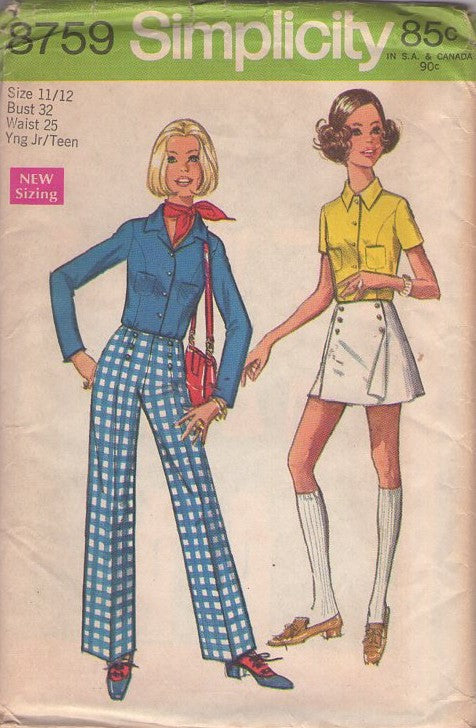 Simplicity 8759 Vintage 70's Sewing Pattern Mod Separates, Scooter Skirt, Front Skirt Flap Skorts, Pantskirt, Princess Seams Western Hipster Shirt Size 11/12