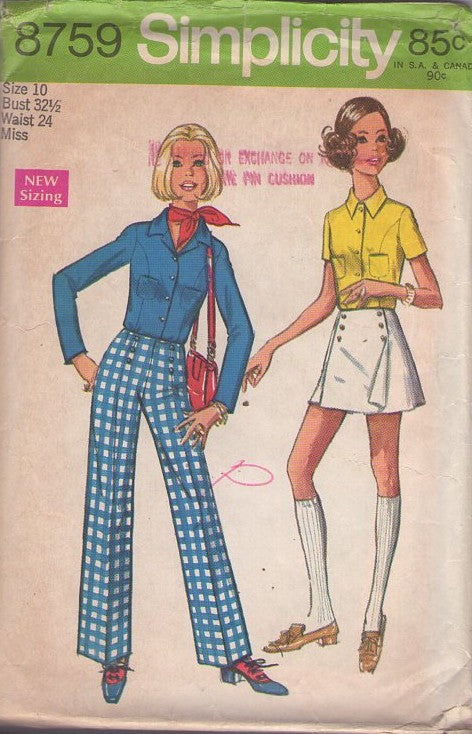 Simplicity 8759 Vintage 70's Sewing Pattern Mod Separates, Scooter Skirt, Front Skirt Flap Skorts, Pantskirt, Princess Seams Western Hipster Shirt Size 10