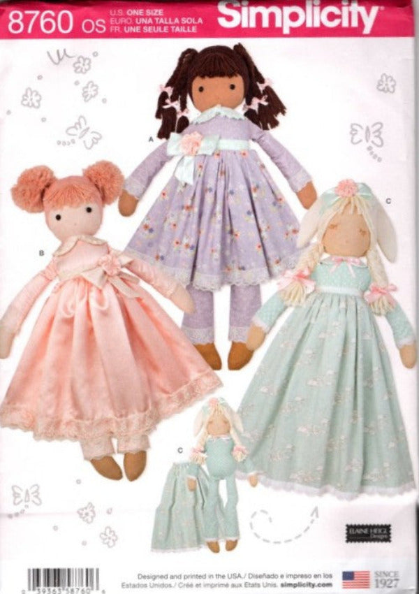Simplicity 8760 Retro 2019 Sewing Pattern Large Stuffed Rag Doll Set, Designs by Elaine Heigl, 25" High, Yarn Hair, Dress or Pajamas OZ