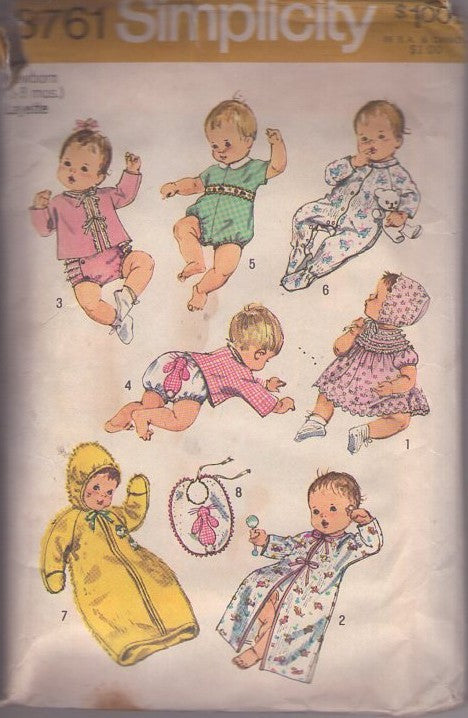 Simplicity 8761 Vintage 70's Sewing Pattern Baby Layette, Kimono, Sleeper, Diaper Cover, Bib, Dress, Hat, Bunting SO MUCH Size Newborn BETTER ENVELOPE