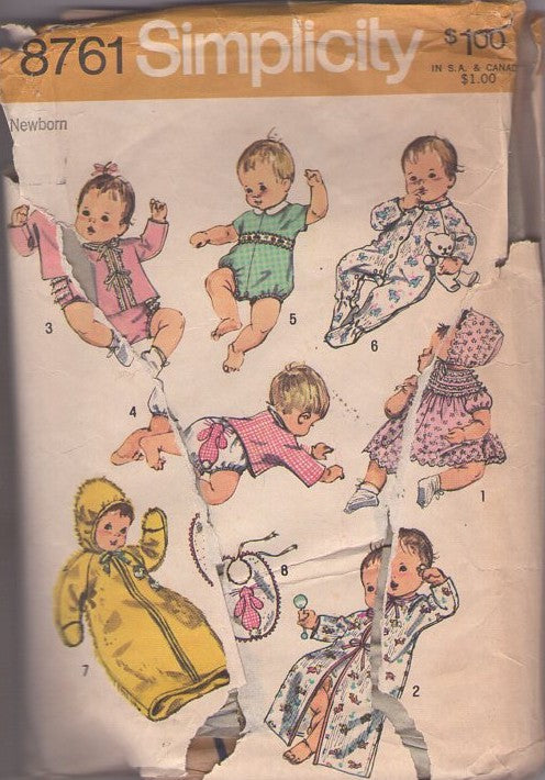 Simplicity 8761 Vintage 70's Sewing Pattern Baby Layette, Kimono, Sleeper, Diaper Cover, Bib, Dress, Hat, Bunting SO MUCH Size Newborn TORN ENVELOPE