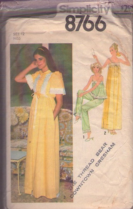 Simplicity 8766 Vintage 70's Sewing Pattern Nightgown, PJs, Pajamas, Cottagecore, Edwardian Revival, Flared Negligee, Cami Top, Pants, Dressing Gown, Robe Size 12