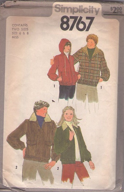 Simplicity 8767 Vintage 70's Sewing Pattern Shearling Coats, Fur Collar Bomber Jacket, Hood or Collared Winter Coat Set, 2 Styles MISS Size 6-8