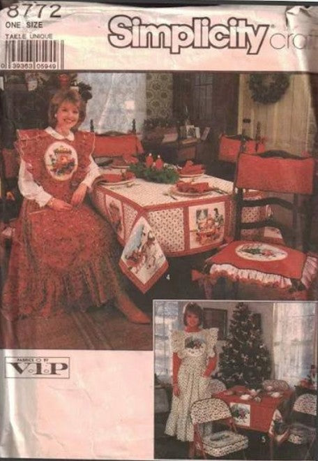 Simplicity 8772 Vintage 80's Sewing Pattern Holiday Hostess Crafts, Cottagecore Farmcore Long Midi Ruffled Pinafore Christmas Apron, Matching Tablecloth, Chair Cushions, Napkins Table Set