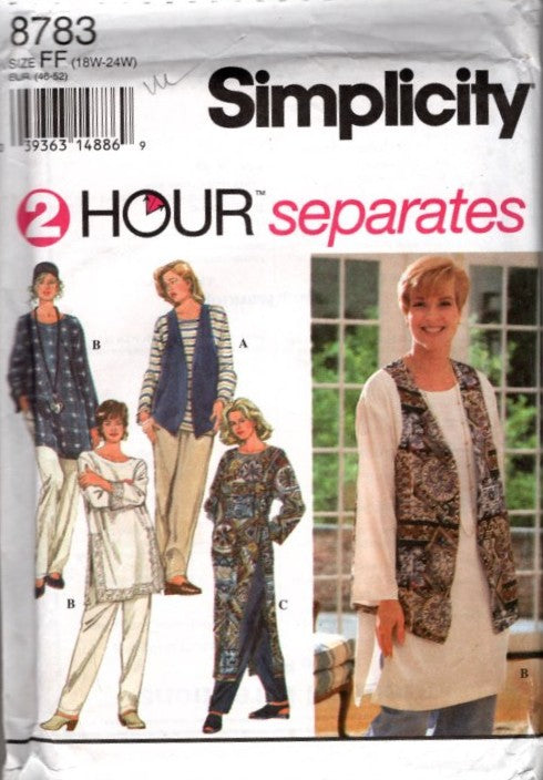 Simplicity 8783 Vintage 90's Sewing Pattern Easy 2 Hour Separates, Plus Size Side Slits Blouse, Long or Short Tunic Top, Vest, Pants Size 18W-24W