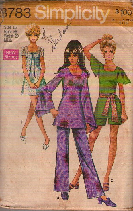 Simplicity 8783 Vintage 70's Sewing Pattern Mod Mini Dress, Hippie Angel Sleeve Top, Shorts, Pants, Pantsuit Size 16