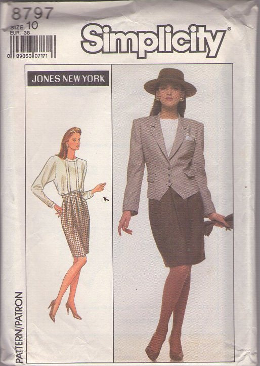 Simplicity 8797 Vintage 80's Sewing Pattern Career Separates, Jones New York, Fitted Blazer Suit Jacket, High Waist Pleated Skirt, Blouse Size 10