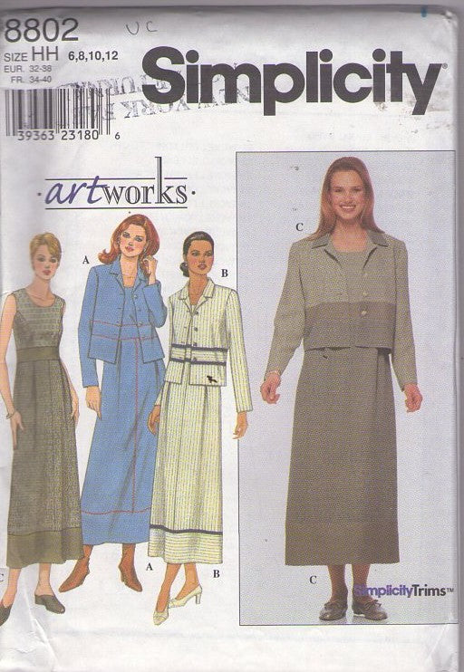 Simplicity 8802 Vintage 90's Sewing Pattern Modest Ensemble, Artworks High Waist, Midi Length Skirt Top Stitch Details Secretary Dress, Boxy Jacket Cover Up Size 6-12