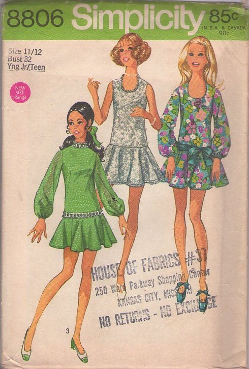Simplicity 8806 Vintage 70's Sewing Pattern Mod Mini Dresses, Dropped Waist, Circle Skirt Cocktail Party Dress, 3 Styles Size 11/12