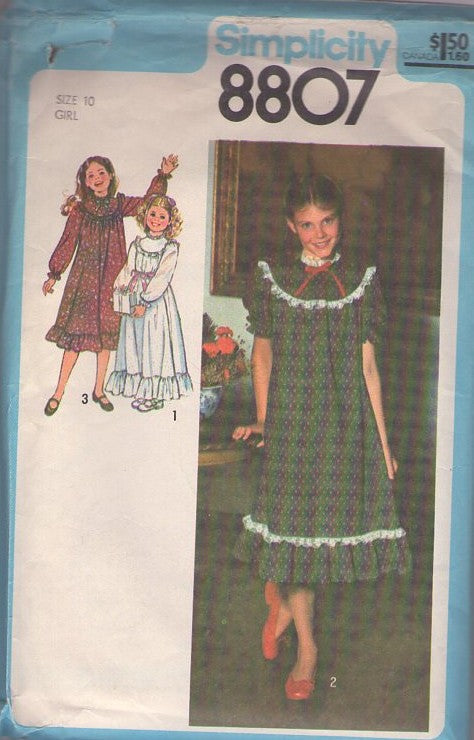 Simplicity 8807 Vintage 70's Sewing Pattern Girl's Dresses, Modest Cottagecore Farmcore Flared Smock Dress, Laura Ingalls Little House on the Prairie Look, Midi or Maxi Gown Size 10