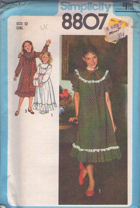Simplicity 8807 Vintage 70's Sewing Pattern Girl's Dresses, Modest Cottagecore Farmcore Flared Smock Dress, Laura Ingalls Little House on the Prairie Look, Midi or Maxi Gown Size 12