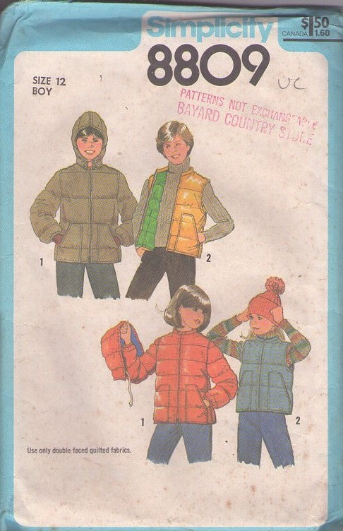 Simplicity 8809 Vintage 70's Sewing Pattern Mork From Ork Jacket, Puffy Quilted Ski Vest, Detachable Hood Hooded Jacket, Coat Set Size 12