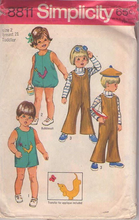 Simplicity 8811 Vintage 70's Sewing Pattern Toddler Boys' & Girls' Sunsuit, Romper, Overalls, Weiner Dog Dachshund Applique Size 2