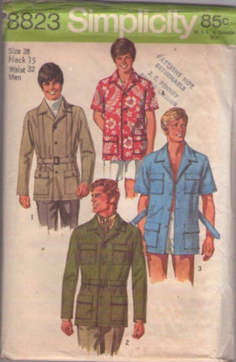 Simplicity 8823 Vintage 70's Sewing Pattern Men's Shirts, Safari Jacket, Flap Pockets Shirt, Shirt Jacket Set, Hawaiian, Beatnik Mod Size 38 L