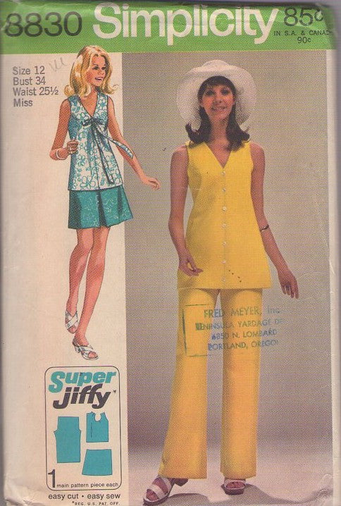 Simplicity 8830 Vintage 70's Sewing Pattern Summer Separates, Super Jiffy V Neck Tunic Top, Pleated Mini Skirt & Pants Size 12