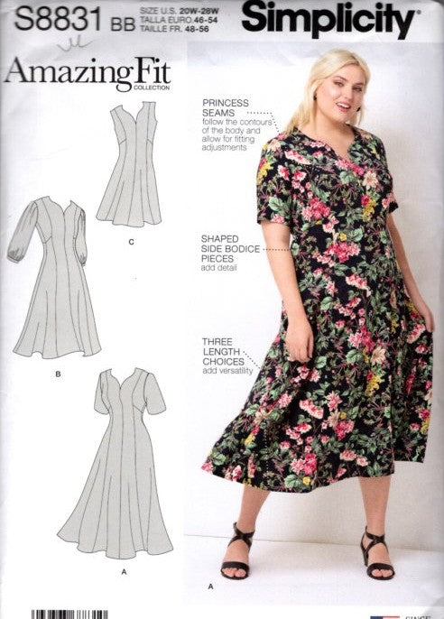 Simplicity 8831 Retro 2019 Sewing Pattern Amazing Fit Collection Plus Size Dress, Princess Seams, 3 Styles Size 20W-28W