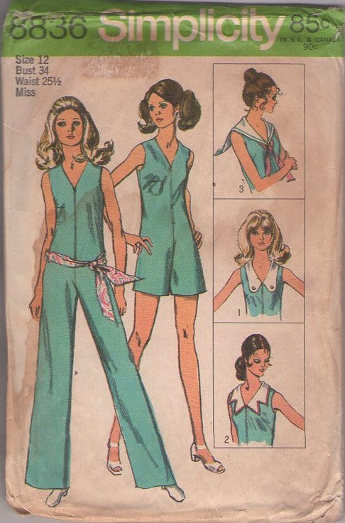 Simplicity 8836 Vintage 70's Sewing Pattern Mod Jumpsuits, V Neck, Front Zippered Sailor or Button or Shaped Collar Sunsuit, Playsuit Romper, Jumpsuit Size 12
