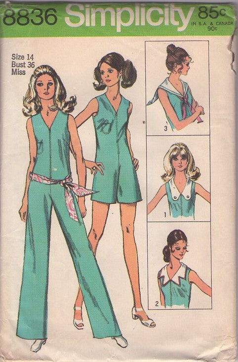 Simplicity 8836 Vintage 70's Sewing Pattern Mod Jumpsuits, V Neck, Front Zippered Sailor or Button or Shaped Collar Sunsuit, Playsuit Romper, Jumpsuit Size 14