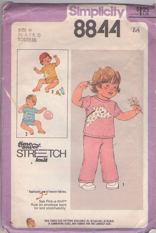 Simplicity 8844 Vintage 70's Sewing Pattern TODDLER Separates, Time Saver Stretch Knit Toddler Tshirt Top, Shorts, Pants Size 1/2-2