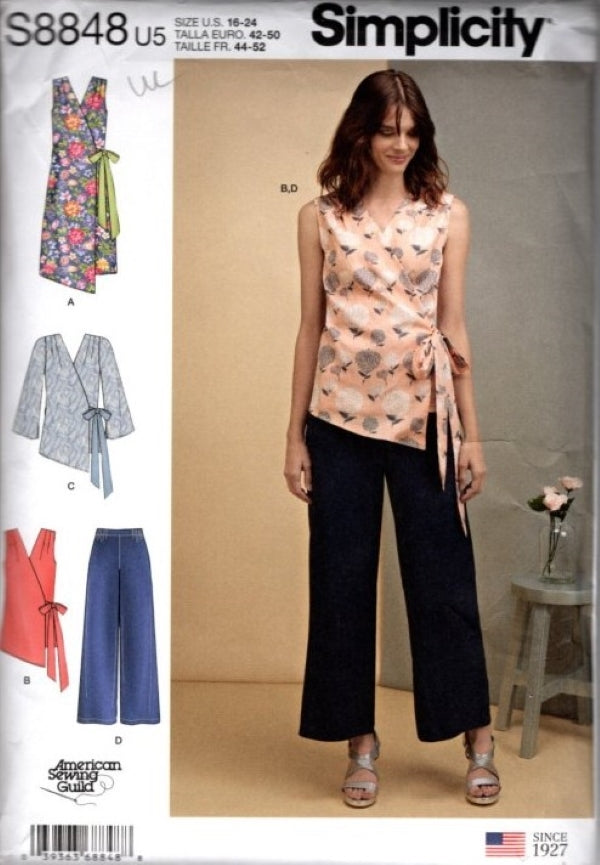 Simplicity 8848 Retro 2019 Sewing Pattern Wrap Front Dress, Asymmetric Blouse, Top, Pants Size 16-24