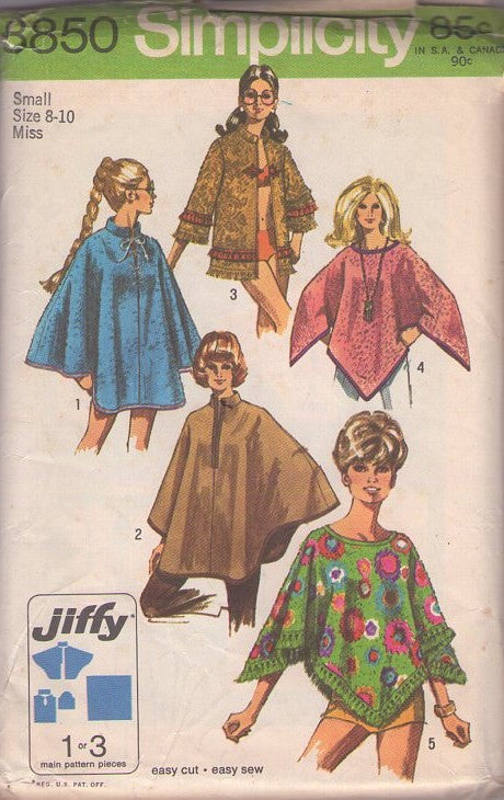 Simplicity 8850 Vintage 70's Sewing Pattern Jiffy Poncho Set, Fringe Trim Coat, Jacket, Cape, Cover Up, Hippie Boho Made From Fabric or TOWELS Size S