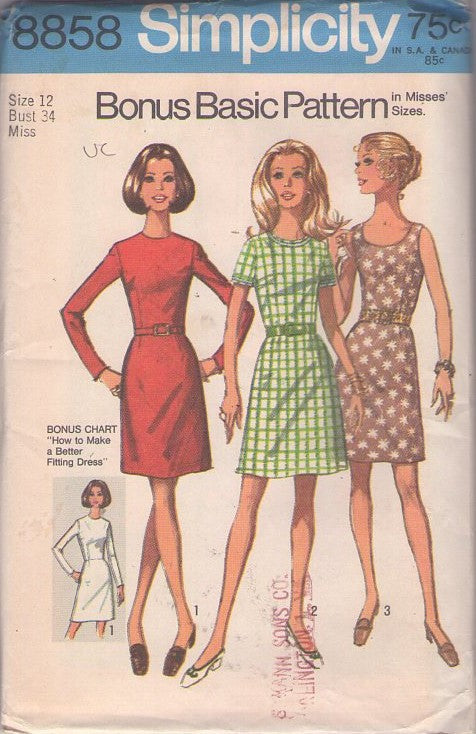 Simplicity 8858 Vintage 70's Sewing Pattern Mod Dress Set, Easy Bonus Basic A-Line Day Dress, 3 Styles Size 12