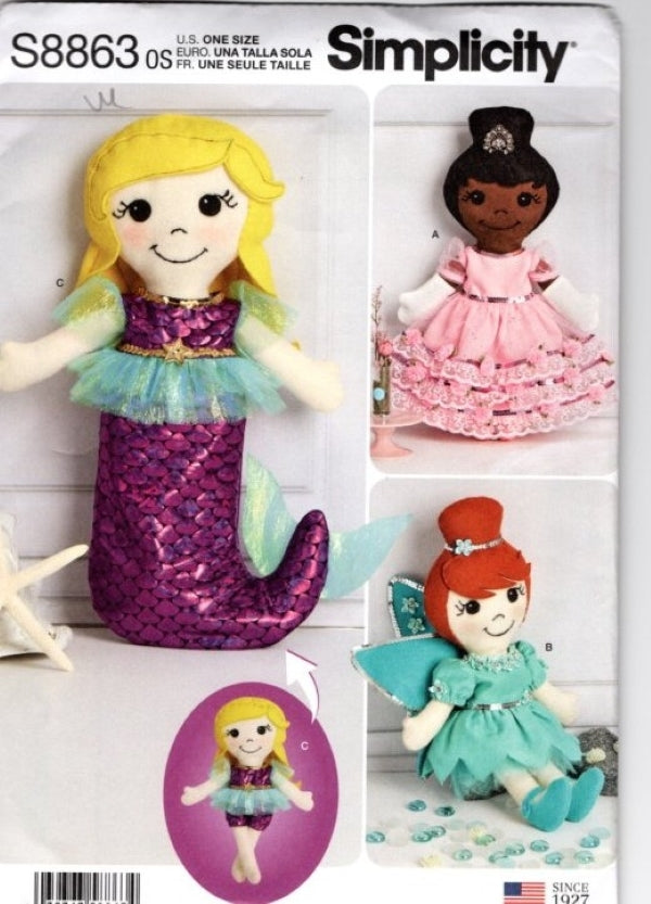 Simplicity 8863 Retro 2019 Sewing Pattern Stuffed Rag Doll Set, Mermaid Pillow, Princess, Fairy OZ
