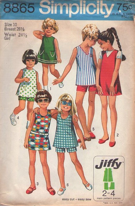 Simplicity 8865 Vintage 70's Sewing Pattern Girl's Separates, Summer Flared Blouse Top, Shorts, Mini Jumper, Dress Size 10